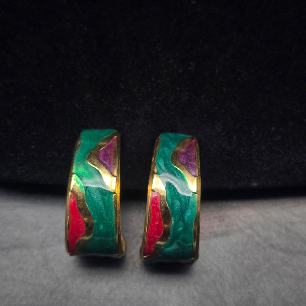Pink Purple Green Enamel Hoop Earrings Vintage 1980s Jewelry
